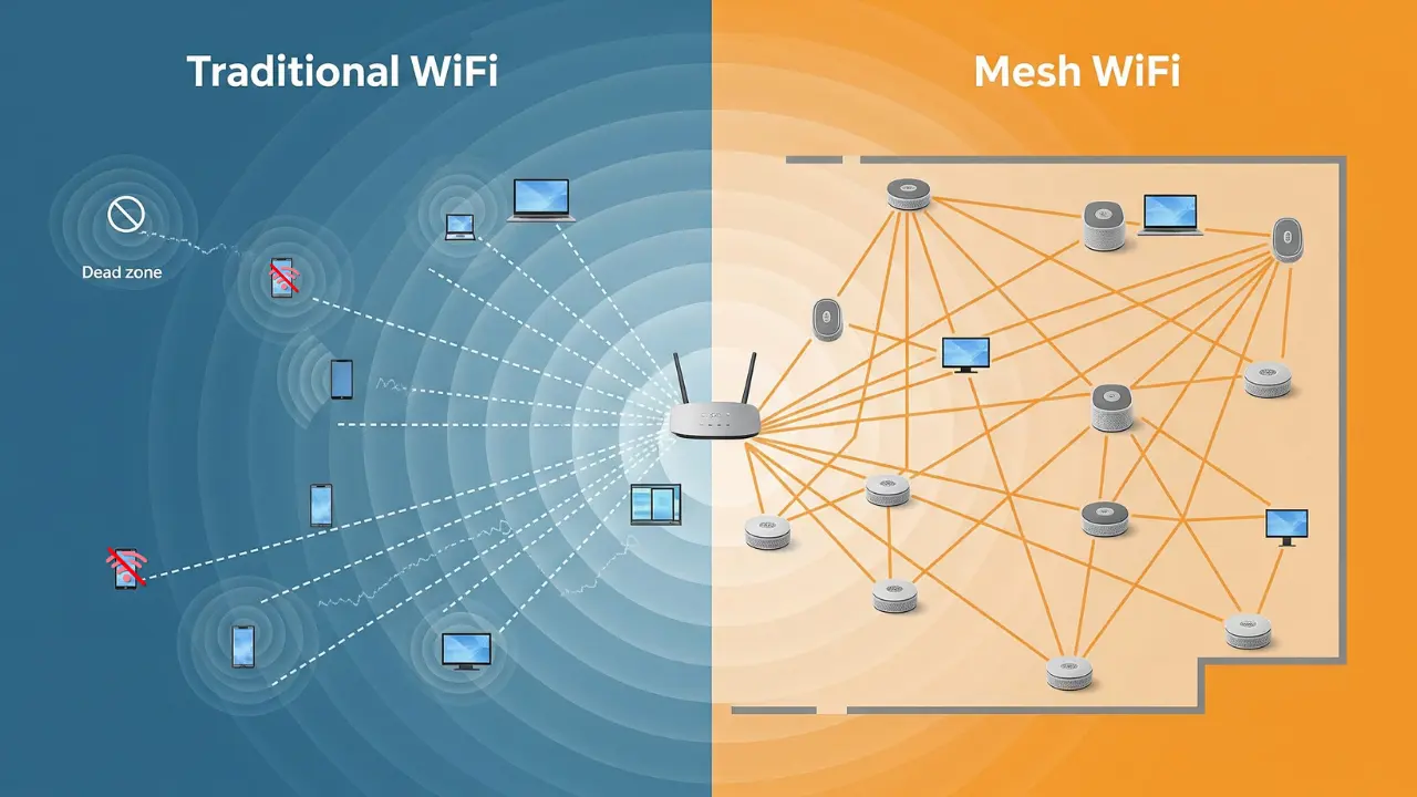 Performance comparison between traditional wireless network and mesh wireless network.