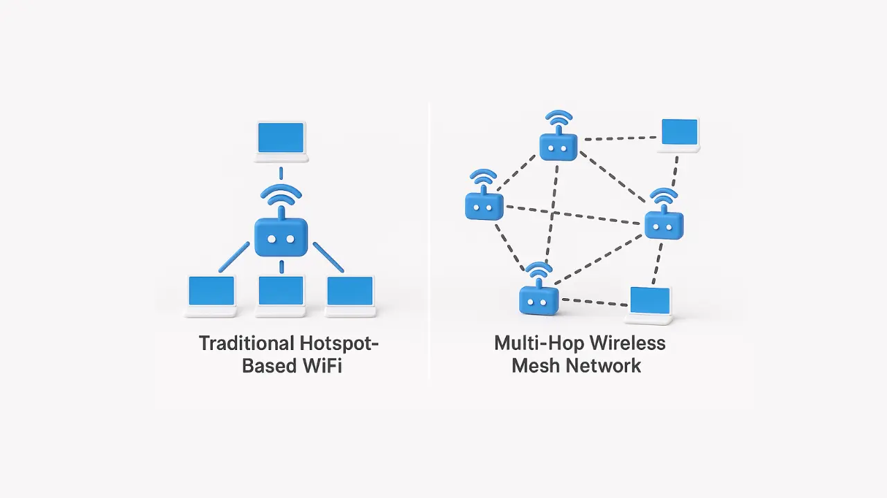 Comparison between traditional wireless network and mesh wireless network.