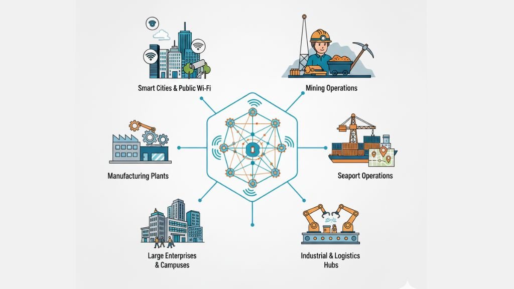 multi-hop wireless mesh networks: smart cities, mining, manufacturing, seaports, and large campuses.