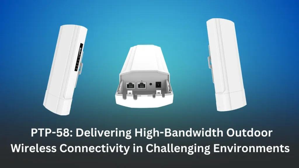 Aeromesh PTP-58 outdoor wireless device showcasing front and side views for high-bandwidth point-to-point connectivity in challenging environments.