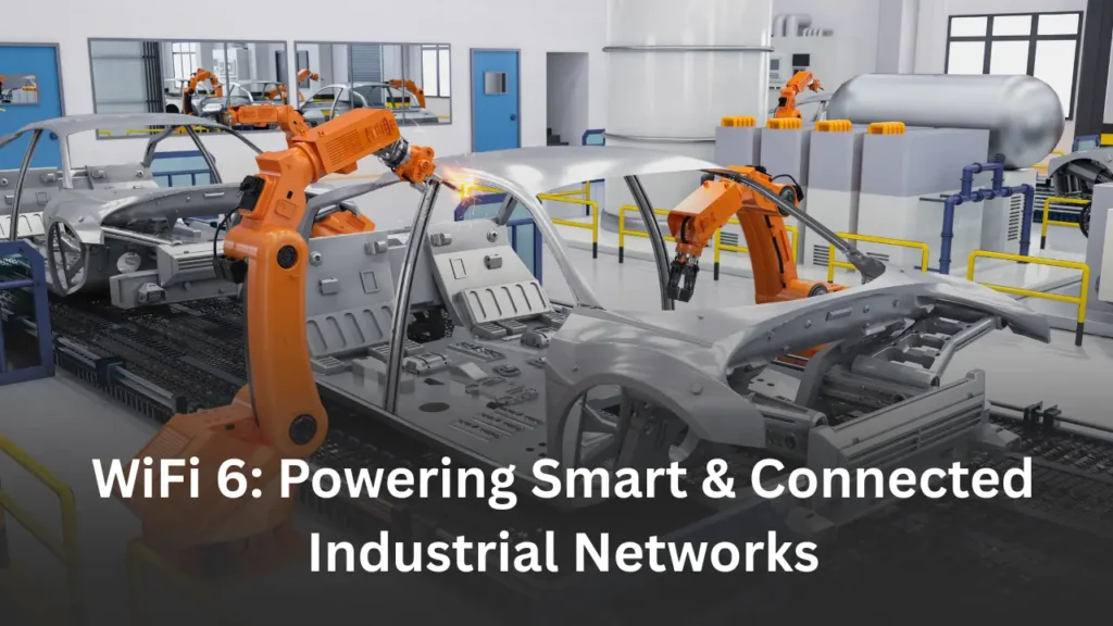 Industrial robots assembling a car frame inside a smart factory powered by WiFi 6 connectivity