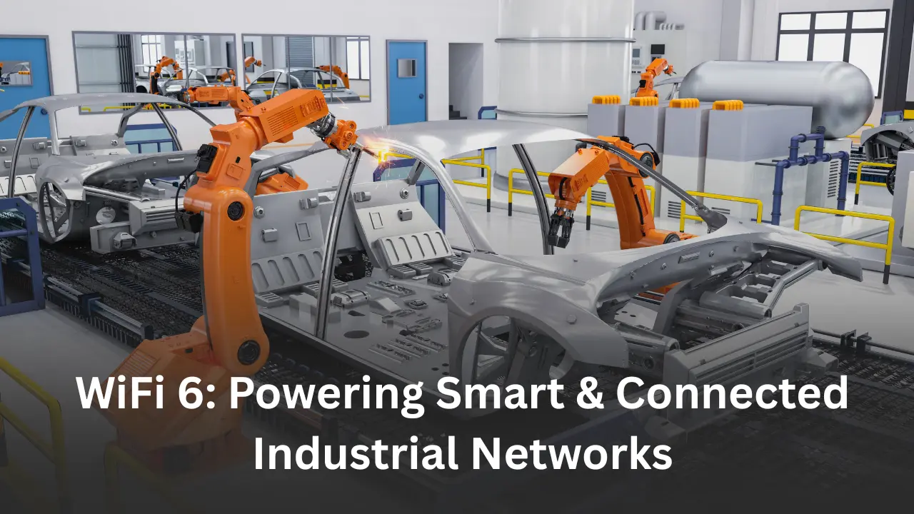 Industrial robots assembling a car frame inside a smart factory powered by WiFi 6 connectivity