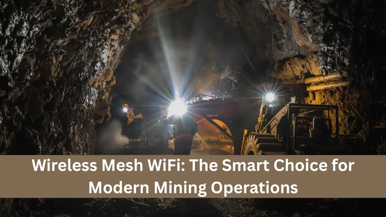 Underground mining tunnel with workers and machinery illuminated by headlights, showcasing wireless mesh WiFi connectivity environment.