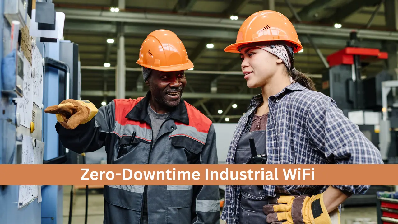 Illustration of a wireless mesh WiFi network spreading across factory floors, supporting robots, IoT devices, and automated systems.