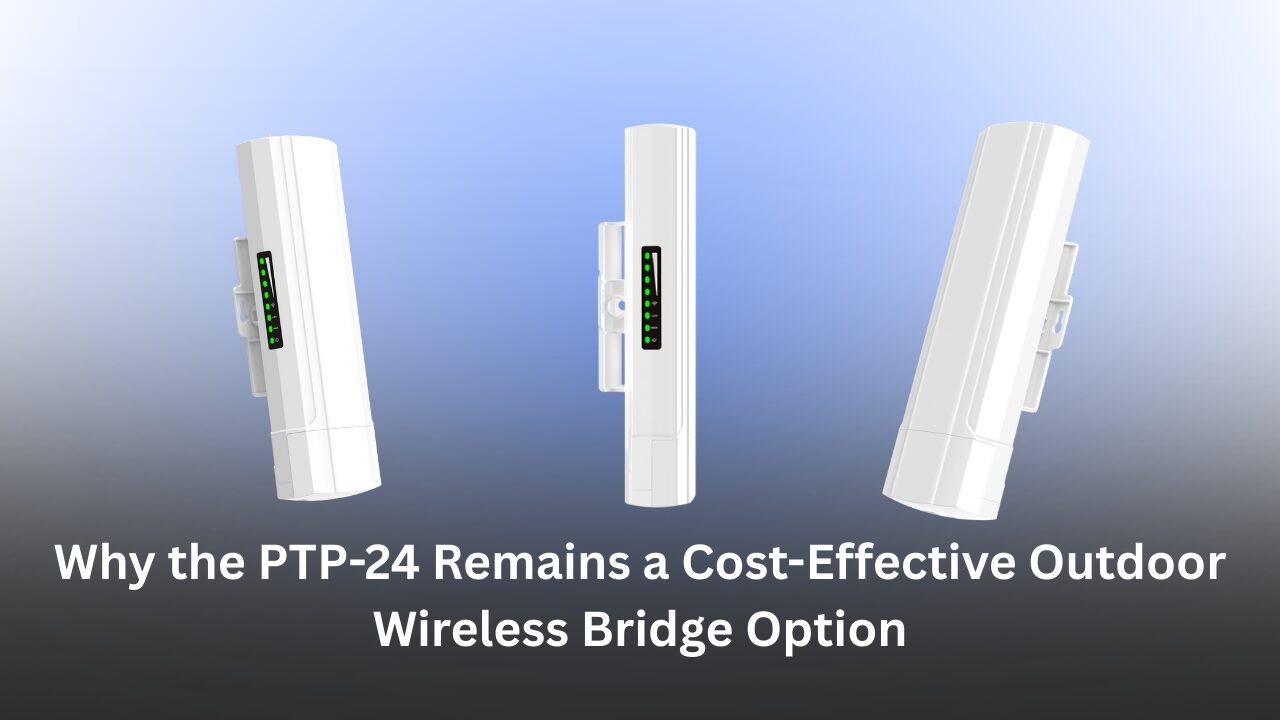 Three white Aeromesh PTP-24 outdoor wireless bridge units shown from different angles against a blue gradient background with the text “Why the PTP-24 Remains a Cost-Effective Outdoor Wireless Bridge Option.”