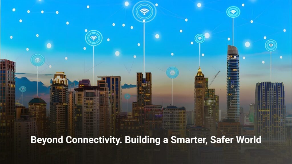 Illustration showing a smart city connected through a wireless mesh network, representing Aeromesh enabling secure, reliable connectivity for smarter and safer infrastructure.