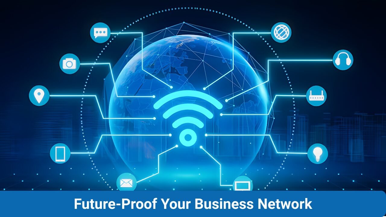 Illustration showing a global wireless mesh network with interconnected devices and Wi-Fi signals, representing future-proof, scalable, and reliable business connectivity.
