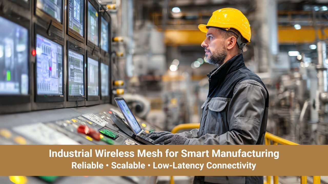 Factory engineer wearing a yellow safety helmet monitors multiple industrial control screens on a control panel, illustrating industrial wireless mesh connectivity for smart manufacturing with reliable, scalable, low-latency networks.