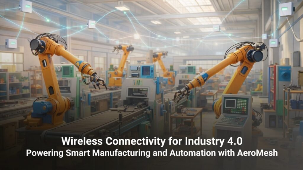 Industrial factory floor with multiple robotic arms operating automated machinery, connected through a wireless mesh network, representing Industry 4.0 smart manufacturing and automation powered by AeroMesh.