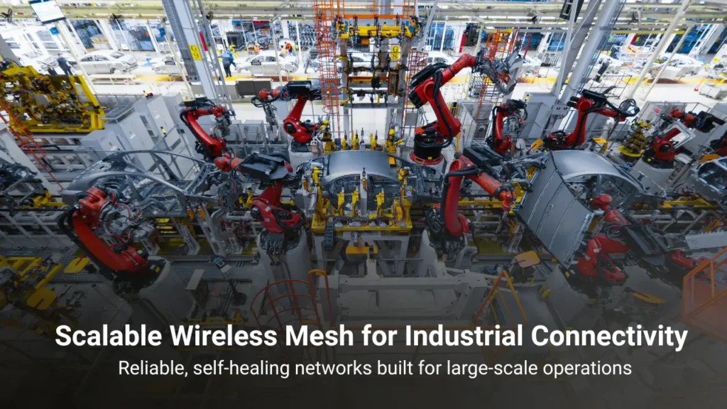 Scalable wireless mesh network enabling reliable, self-healing industrial connectivity in automated manufacturing facilities