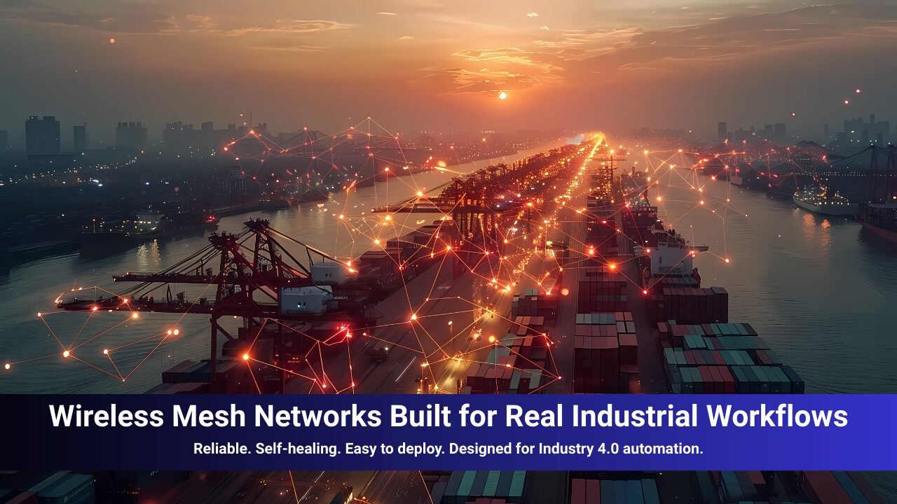 Industrial warehouse connected through a wireless mesh network showing self-healing, scalable coverage and one of the best mesh WiFi solutions for industrial operations.