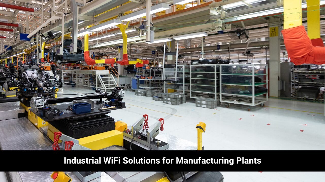 A modern manufacturing plant floor with automated machinery, control panels, and mobile equipment operating smoothly. Wireless mesh nodes are positioned throughout the facility, showing consistent network coverage across production lines and work zones.