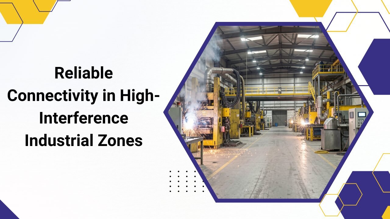 Mesh Wi-Fi providing reliable wireless connectivity across a high-interference industrial environment with heavy machinery and metal infrastructure