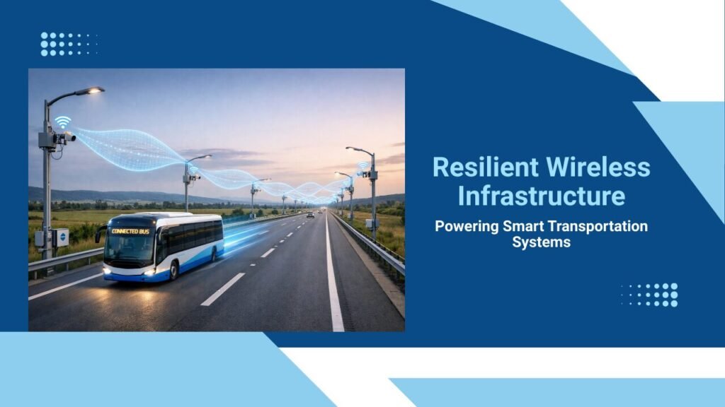 A long highway corridor with smart lighting poles and roadside units mounted along the road. A connected bus or vehicle is visible in motion. Soft digital signal waves illustrate a transportation wireless mesh network forming between nodes across distance.