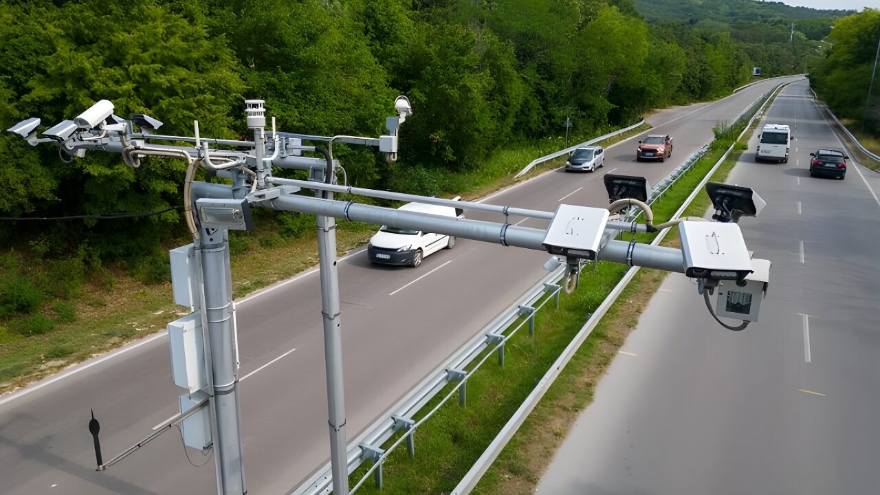 A highway corridor with smart poles and roadside units installed at intervals. Each unit has multiple antennas representing separate radios. Signal paths connect in a web-like structure, showing redundant routing between nodes. One link is visually dimmed to represent failure, while traffic reroutes through alternate paths.