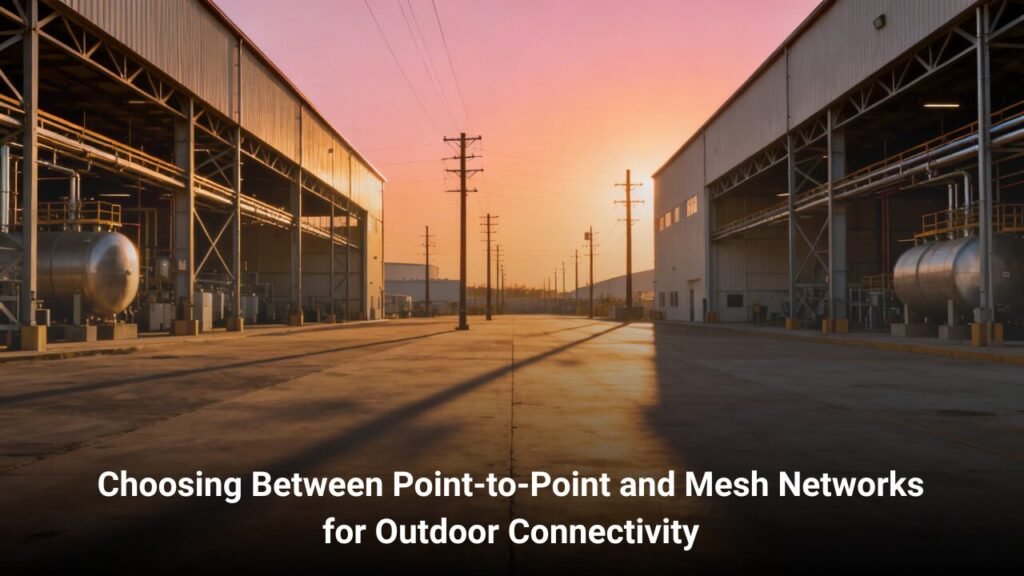 Aerial view of an outdoor industrial site showing interconnected wireless mesh network nodes with multi-path connectivity lines.