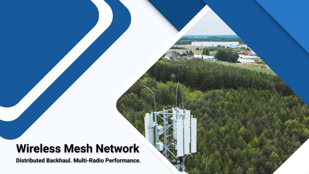 Industrial wireless mesh network deployment showing multiple outdoor nodes connected through distributed backhaul radios across a remote site.