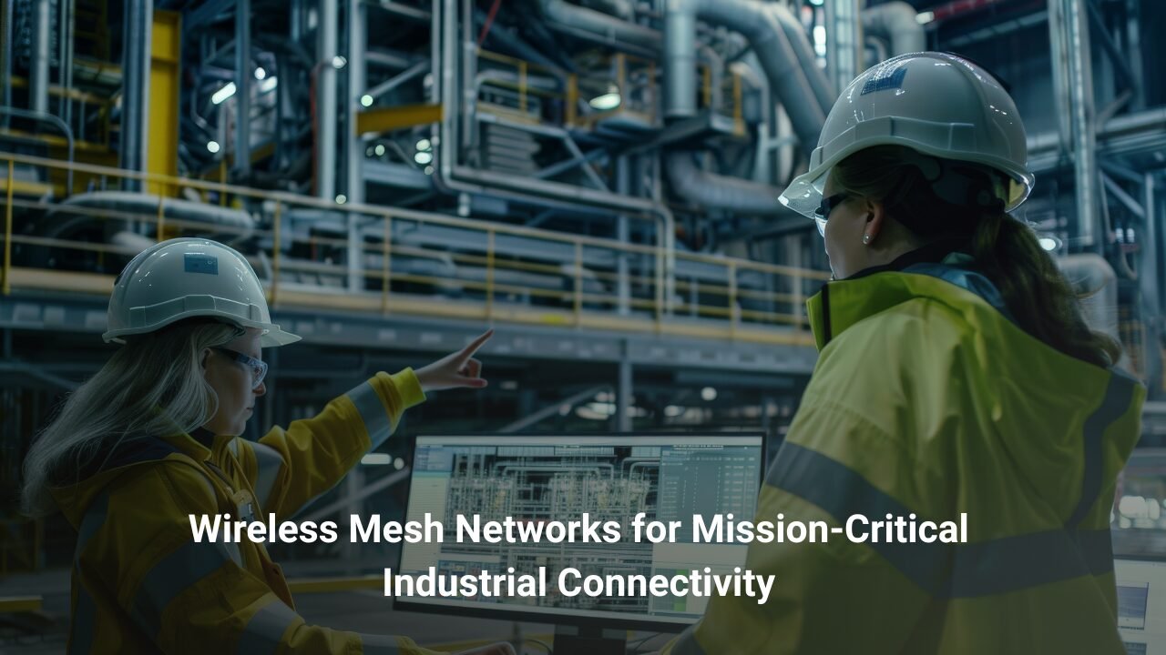 A wide industrial environment such as a manufacturing plant or logistics facility with multiple wireless nodes installed across equipment, ceilings, and outdoor areas. Subtle connection lines show data moving between nodes, illustrating a resilient wireless mesh network supporting continuous operations without interruption.