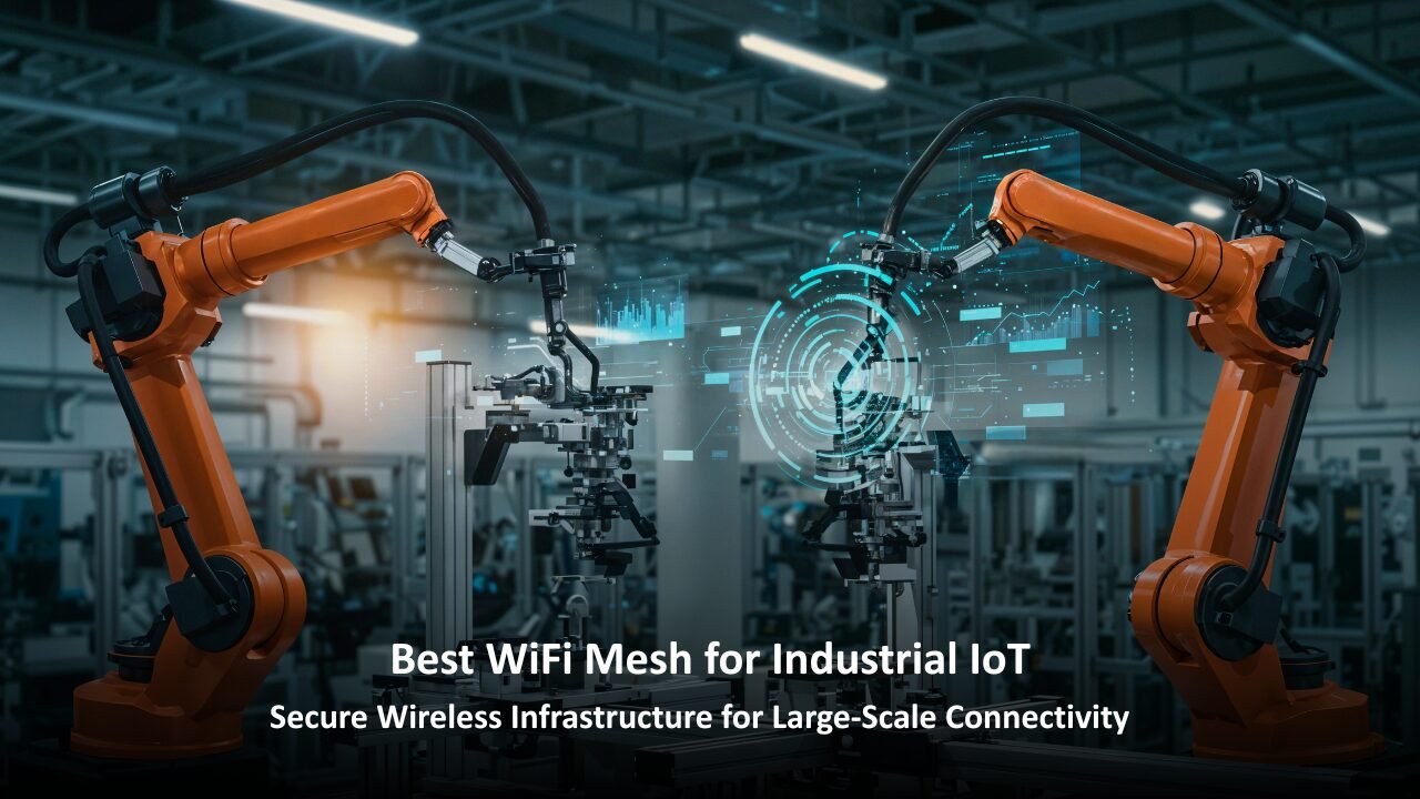 High performance wireless mesh network connecting industrial IoT devices in a factory environment.