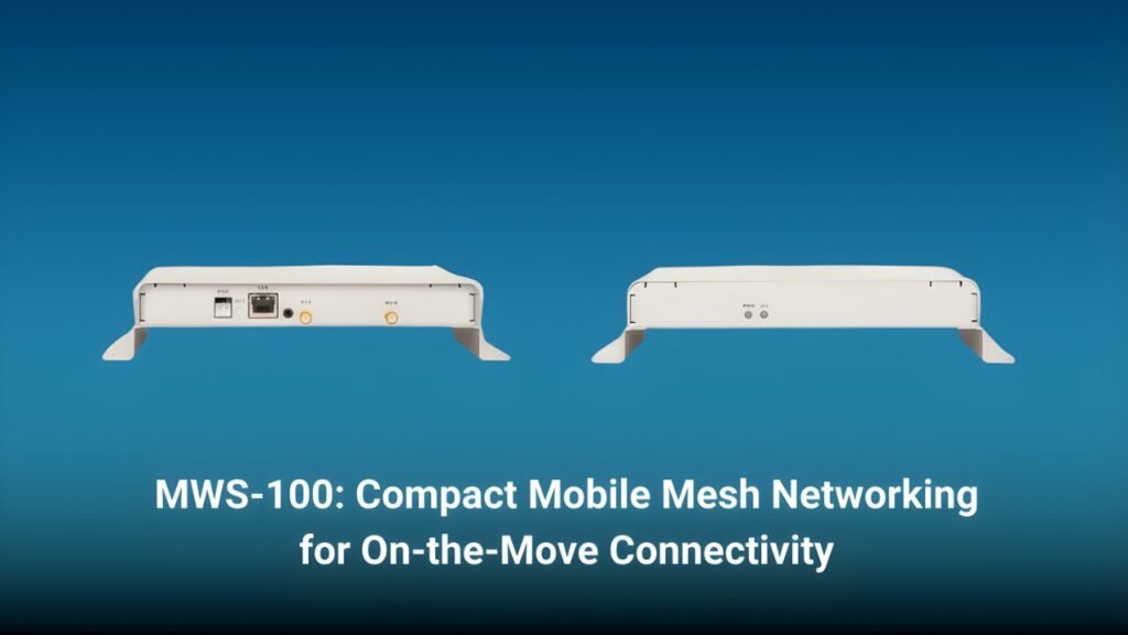 Two views of the MWS-100, a compact, cream-colored rectangular mobile mesh networking device with mounting wings on the sides, set against a blue gradient background. The left view shows the rear interface panel featuring a power input, an Ethernet port, and two gold-threaded antenna connectors. The right view shows the front panel with two small indicator lights. Bold white text at the bottom reads, "MWS-100: Compact Mobile Mesh Networking for On-the-Move Connectivity."