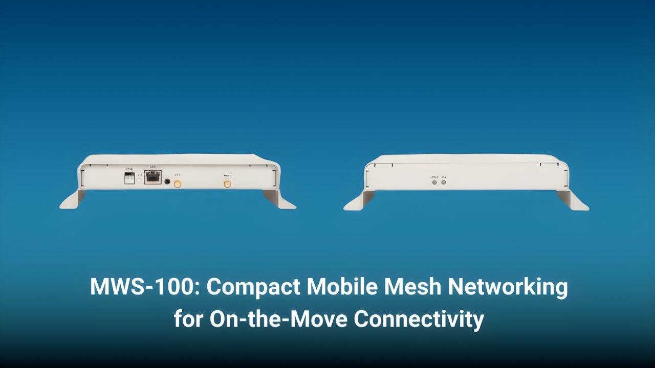 Two views of the MWS-100, a compact, cream-colored rectangular mobile mesh networking device with mounting wings on the sides, set against a blue gradient background. The left view shows the rear interface panel featuring a power input, an Ethernet port, and two gold-threaded antenna connectors. The right view shows the front panel with two small indicator lights. Bold white text at the bottom reads, "MWS-100: Compact Mobile Mesh Networking for On-the-Move Connectivity."