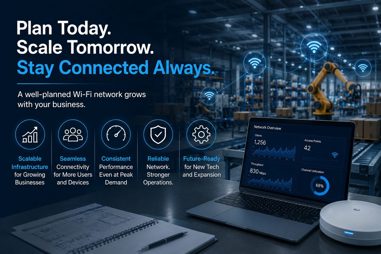 Scalable enterprise Wi‑Fi network infographic showing warehouse automation, wireless connectivity icons, network performance dashboard, and future‑ready wireless infrastructure for business growth.