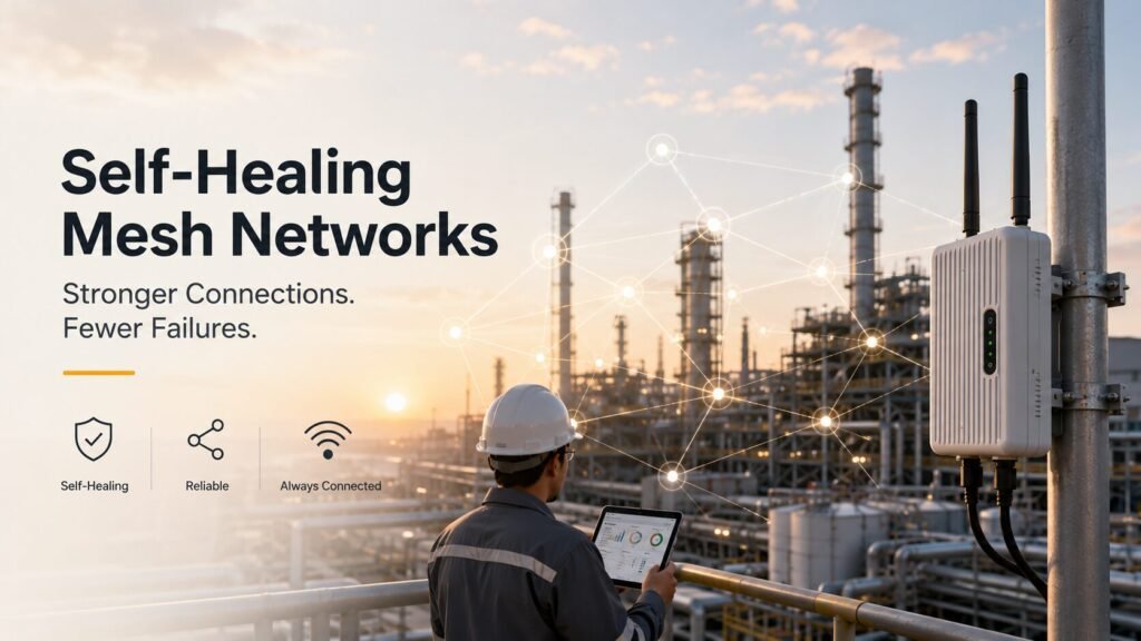 Hero banner showing a self-healing wireless mesh network in an industrial facility, with a rugged outdoor wireless access point, an engineer monitoring the network on a tablet, and connected mesh nodes illustrating automatic network redundancy and uninterrupted industrial connectivity.