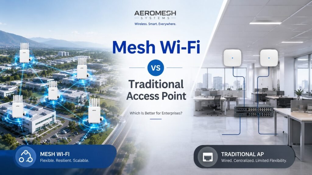 Hero banner comparing Mesh Wi-Fi and Traditional Access Point architecture for enterprises. The left side illustrates a wireless mesh network with interconnected nodes providing seamless coverage across a large campus, while the right side shows a traditional wired access point network connected to a central switch inside a modern office. The center headline highlights the comparison between Mesh Wi-Fi and Traditional Access Point architecture for enterprise wireless networking.