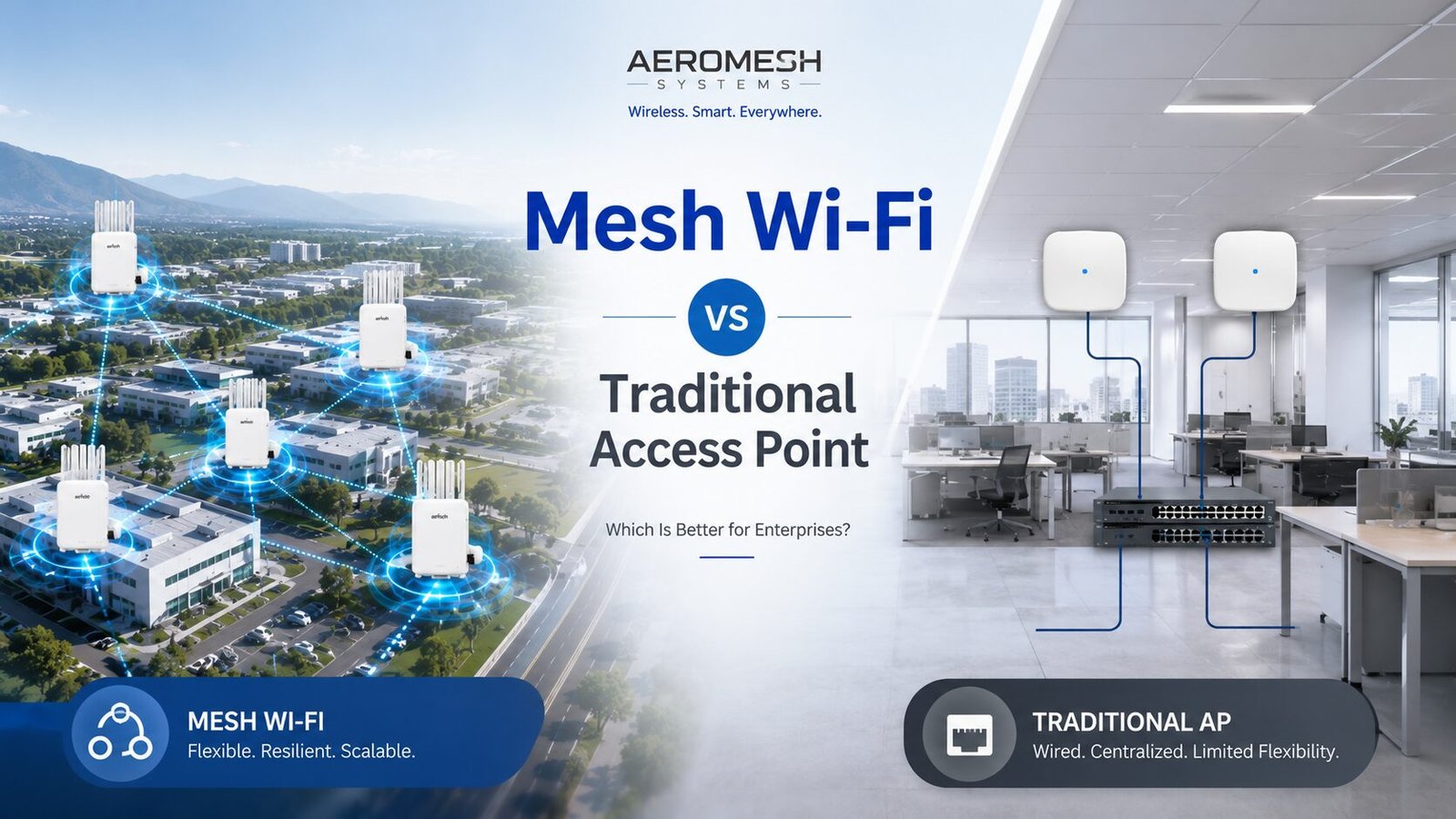 Hero banner comparing Mesh Wi-Fi and Traditional Access Point architecture for enterprises. The left side illustrates a wireless mesh network with interconnected nodes providing seamless coverage across a large campus, while the right side shows a traditional wired access point network connected to a central switch inside a modern office. The center headline highlights the comparison between Mesh Wi-Fi and Traditional Access Point architecture for enterprise wireless networking.