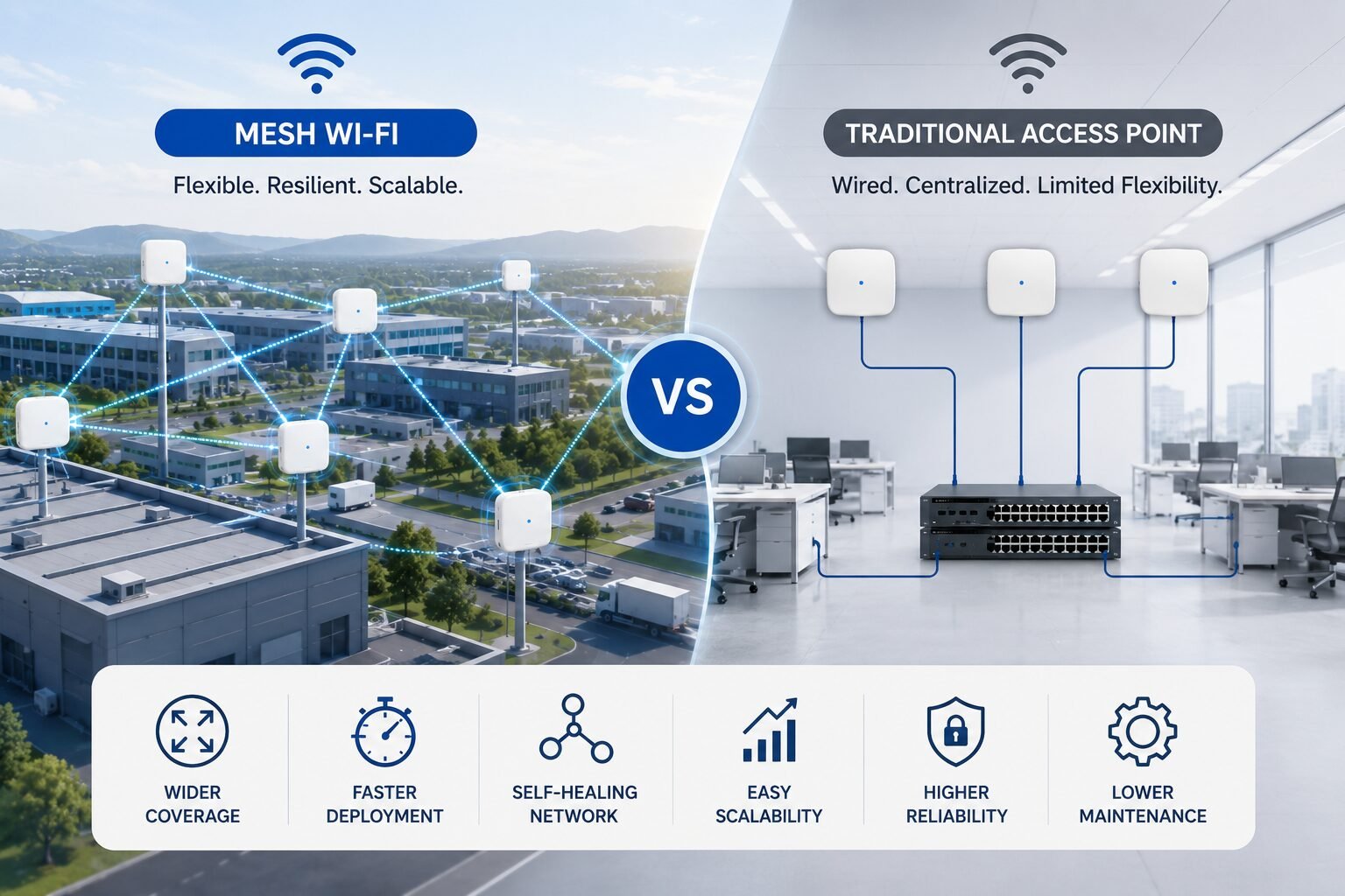 Side-by-side comparison of Mesh Wi-Fi and Traditional Access Point architectures in an enterprise environment. The left side illustrates interconnected wireless mesh nodes providing wide coverage, self-healing connectivity, and easy scalability across a large campus. The right side shows a traditional wired access point network connected to a central switch in an office. Icons at the bottom highlight key advantages of mesh networking, including wider coverage, faster deployment, self-healing, easy scalability, higher reliability, and lower maintenance