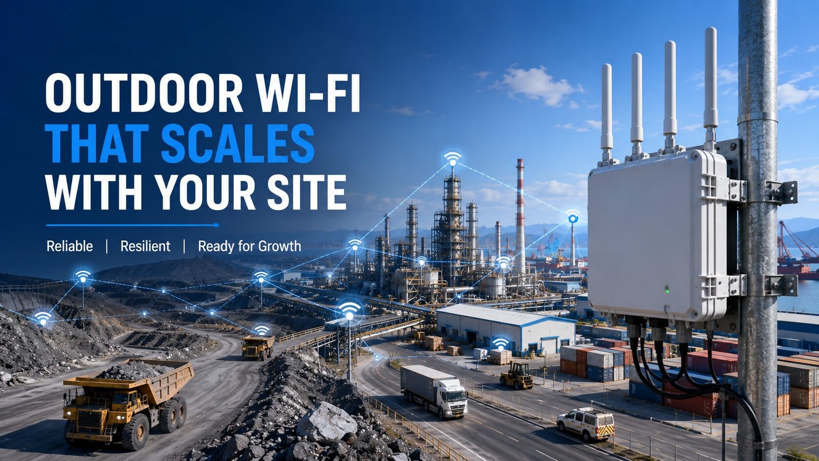 Outdoor industrial Wi-Fi access point overlooking a large mining, refinery, and logistics facility connected by a wireless mesh network, with the headline "Outdoor Wi-Fi That Scales With Your Site" highlighting reliable, resilient, and scalable connectivity for large industrial environments.