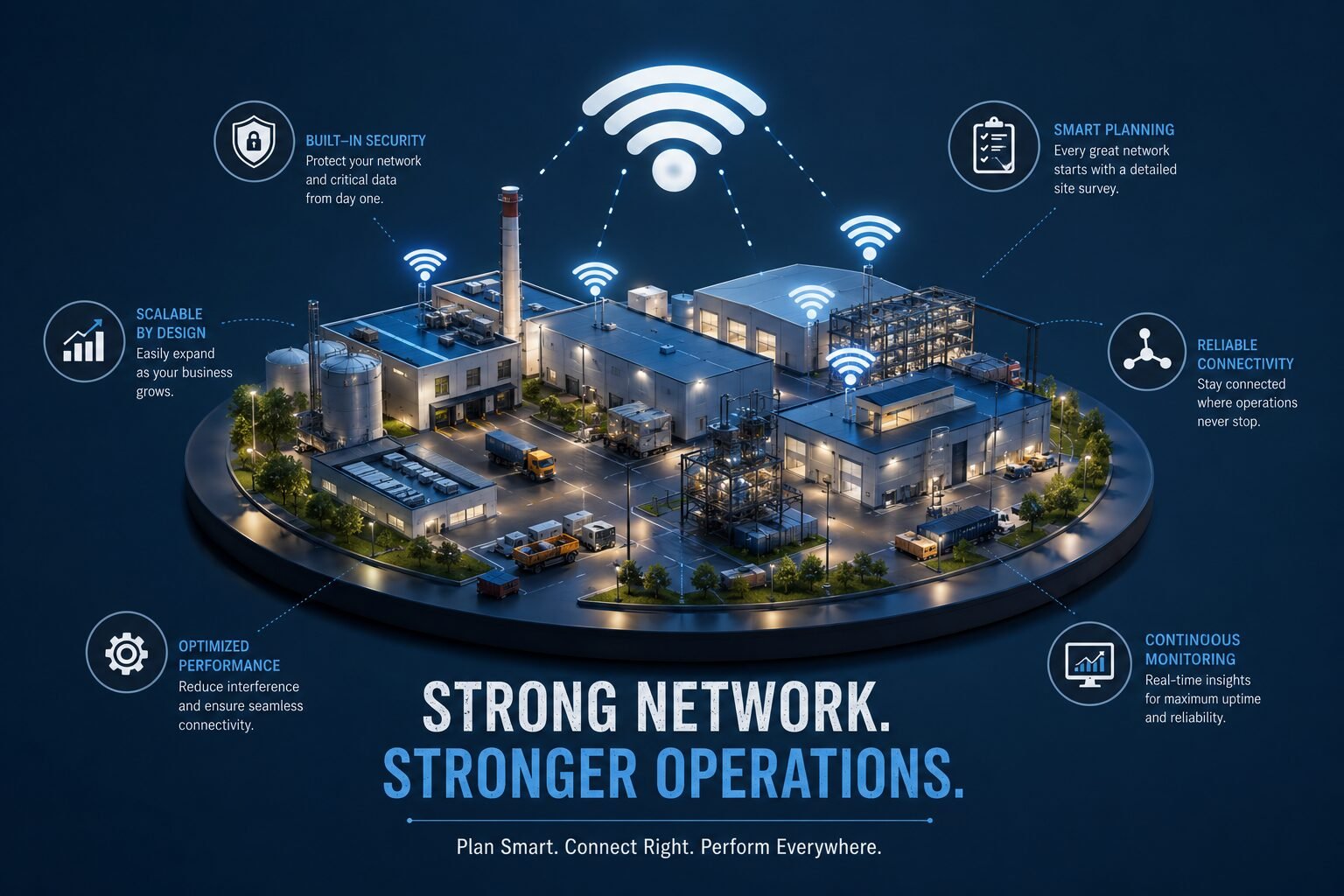 Industrial wireless network design with enterprise WiFi access point providing secure, scalable connectivity across a smart manufacturing facility.