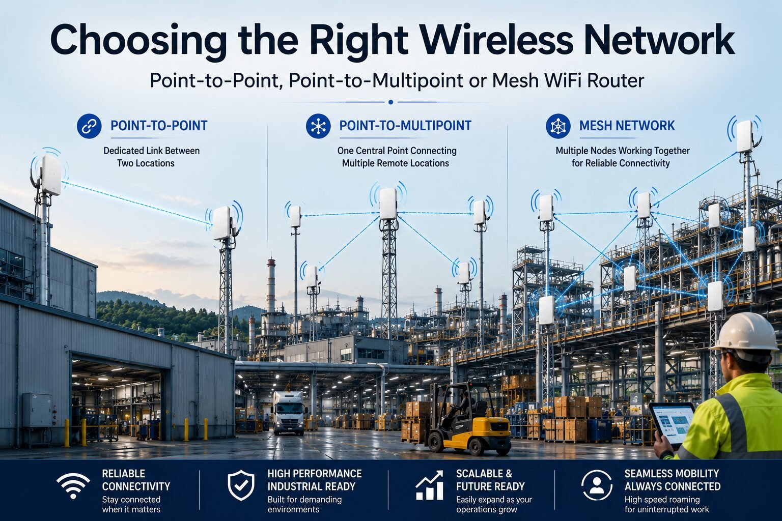 Comparison of mesh WiFi router, point-to-point, and point-to-multipoint wireless network architectures in an industrial facility.