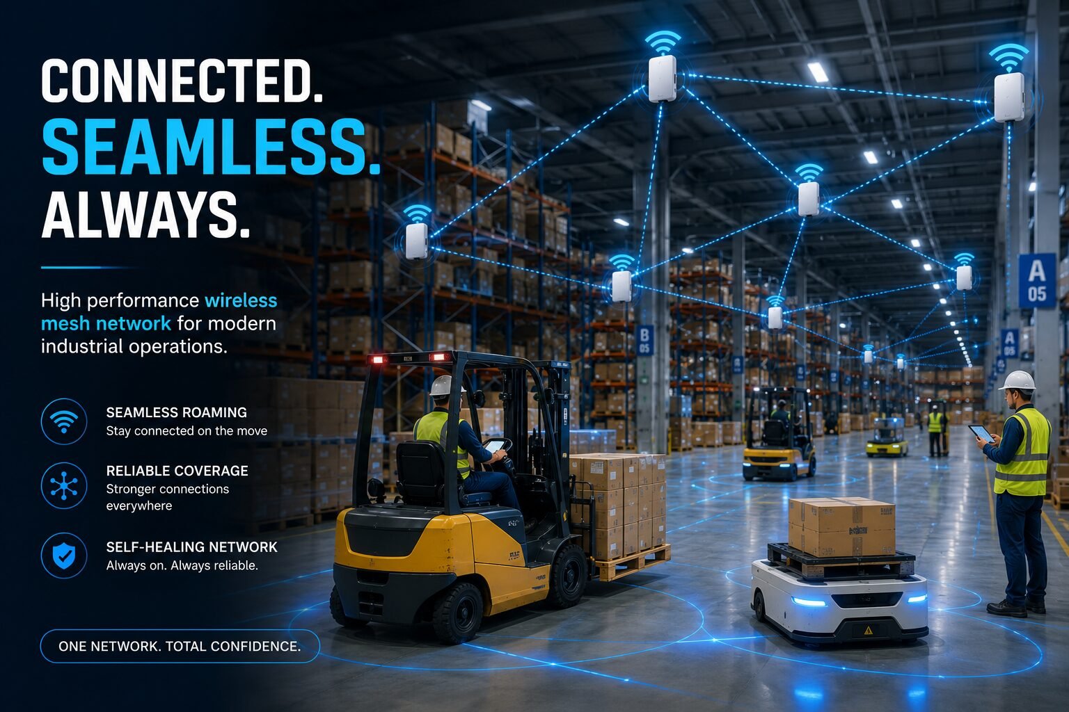 High performance wireless mesh network supporting High speed roaming across an industrial warehouse.