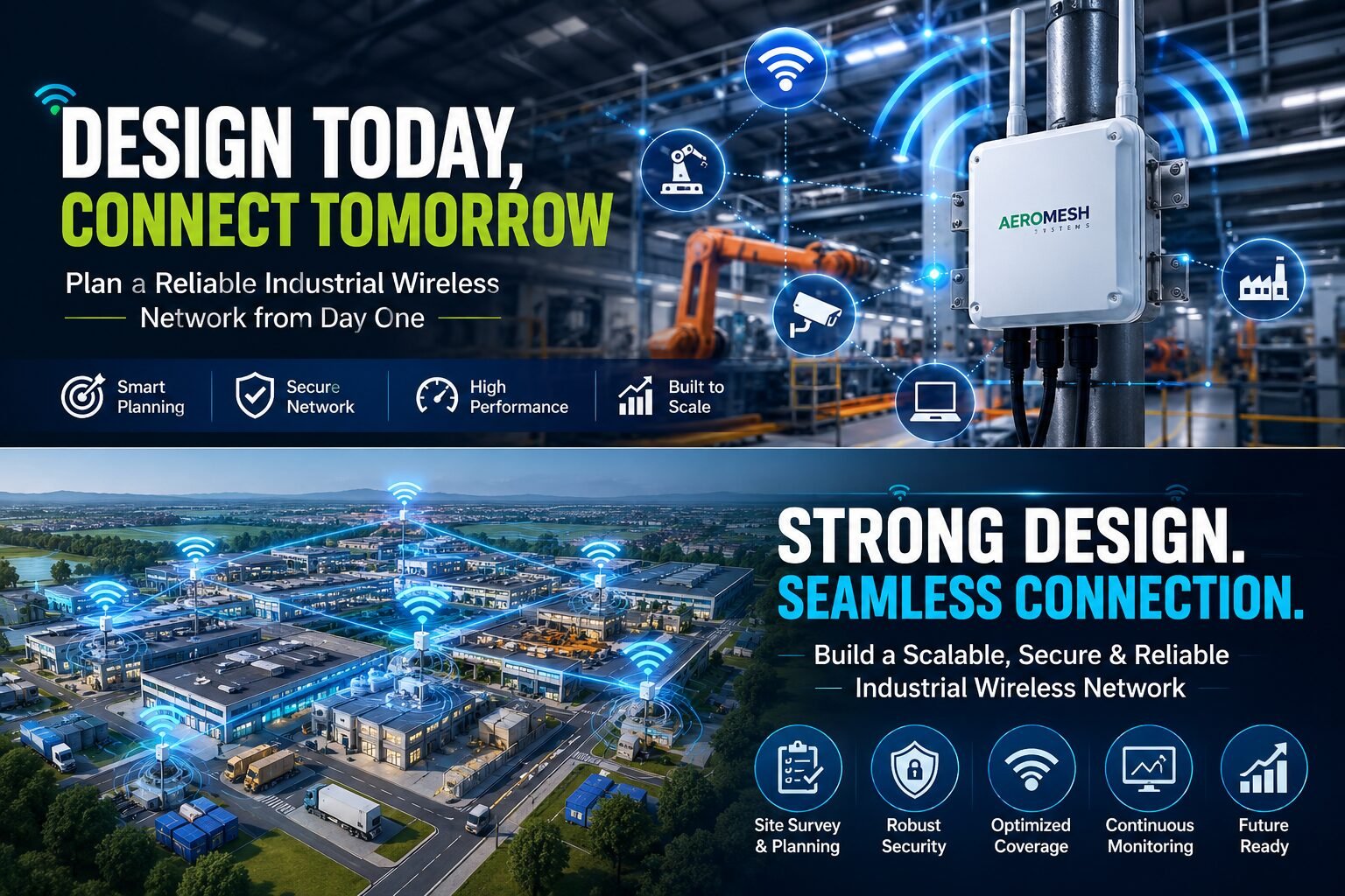 Industrial wireless network design with enterprise WiFi access point providing secure, scalable connectivity across a smart manufacturing facility.