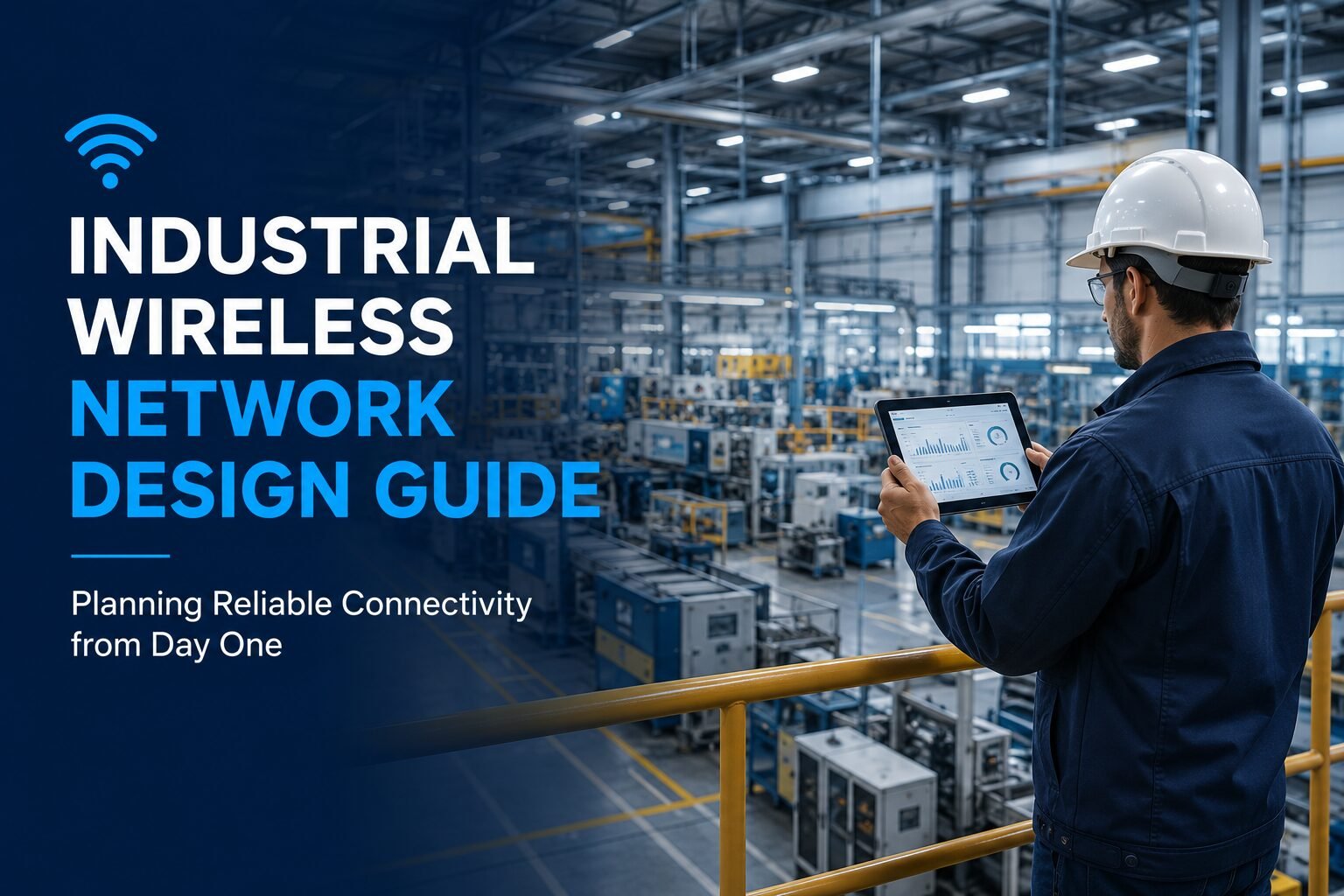 Engineer using a tablet inside a modern manufacturing plant while planning an industrial wireless network for reliable enterprise Wi-Fi connectivity.