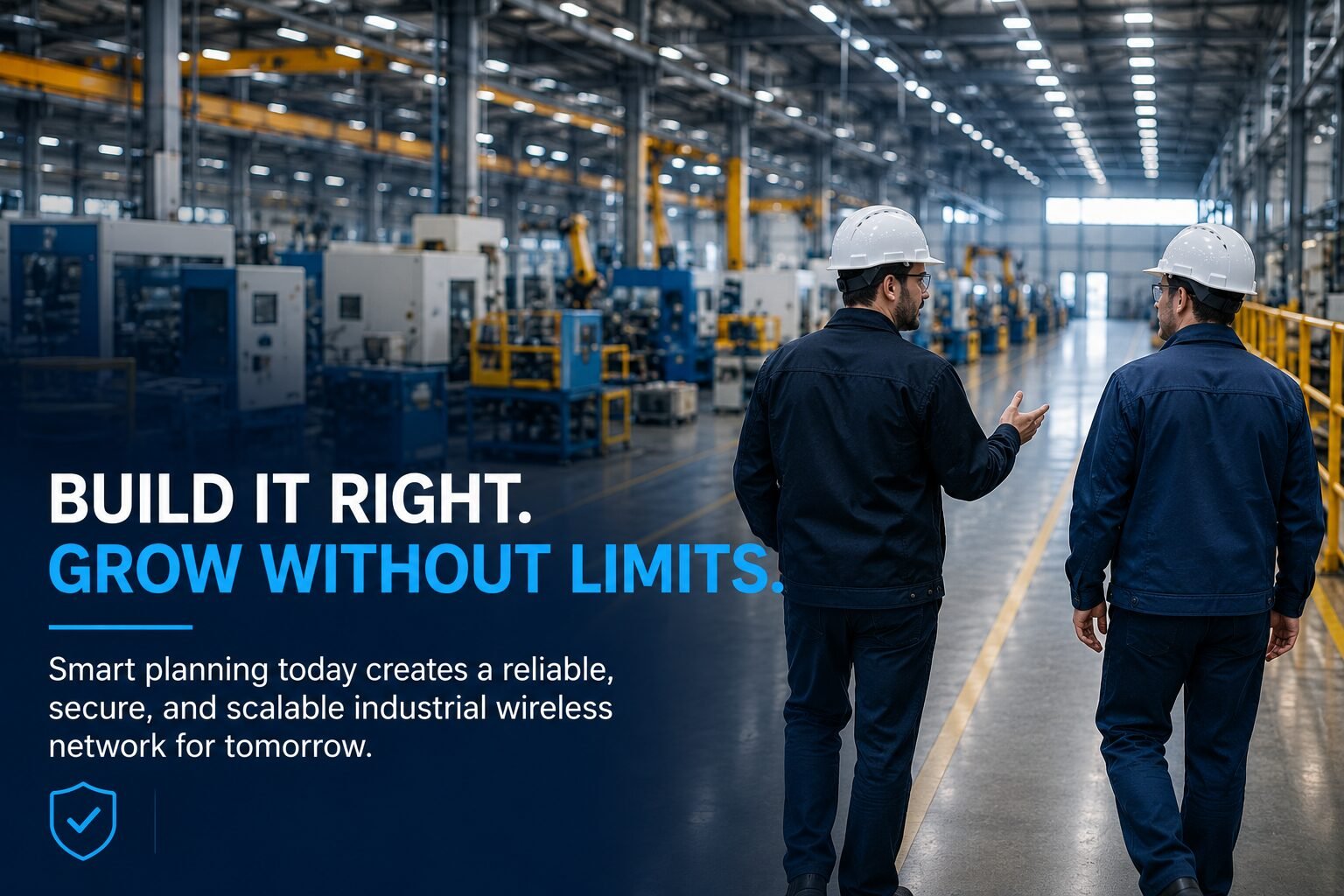 Two engineers walking through a modern manufacturing plant discussing a scalable and secure industrial wireless network for future business growth.