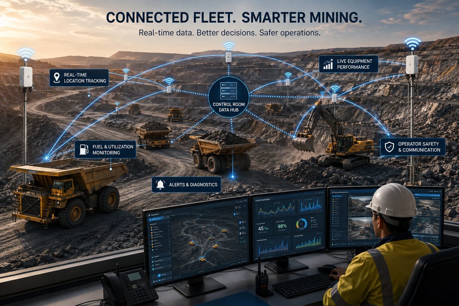 Connected mining fleet using wireless mesh WiFi for real-time equipment tracking, telemetry, monitoring, and operational communication