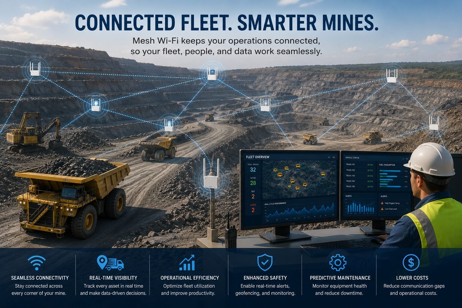 Mesh WiFi solutions for mines providing seamless wireless connectivity for real-time fleet management, equipment monitoring, predictive maintenance, and safe surface mining operations.