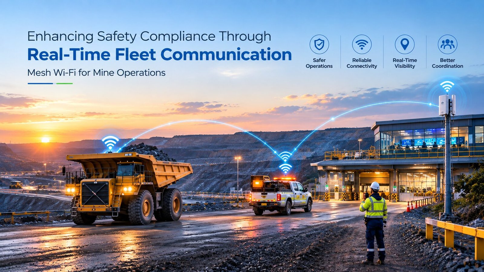 Open-pit mine with haul trucks, a wireless communication tower, and a control room connected by blue wireless signals, illustrating real-time fleet communication and mesh Wi-Fi for mine operations.
