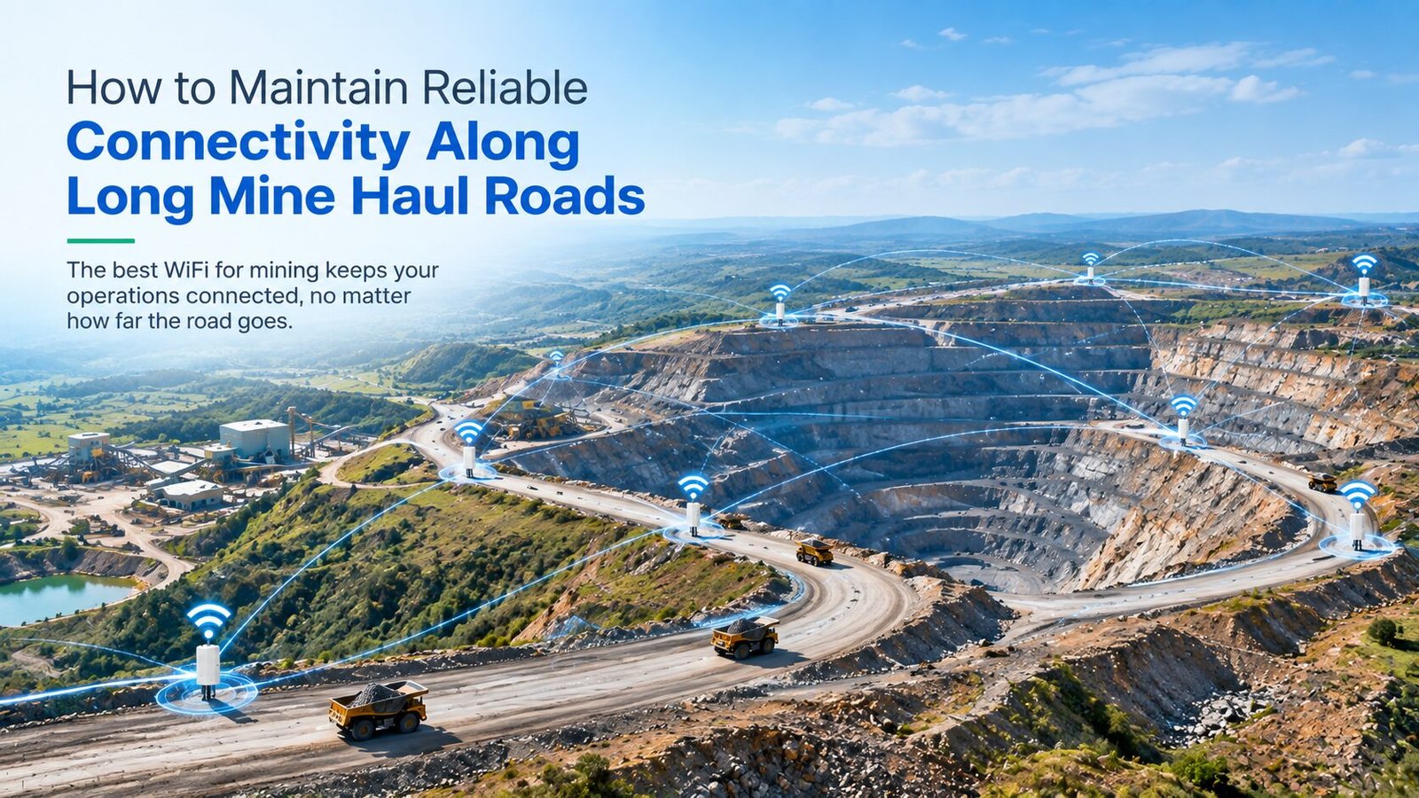Aerial view of an open-pit mine with long haul roads, mining trucks, and wireless network coverage representing the best WiFi for mining