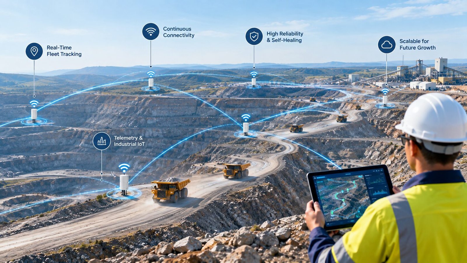 Open-pit mine showing connected haul trucks, wireless mesh nodes, real-time fleet tracking, and industrial IoT connectivity