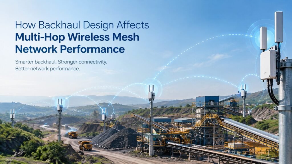 Multi hop wireless mesh network showing backhaul connectivity between wireless nodes across an industrial mining site.