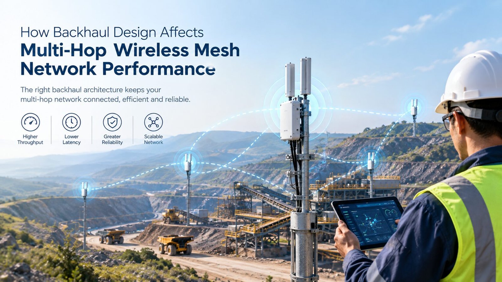 Industrial engineer monitoring a high performance wireless mesh network with connected backhaul radios across a mining site.