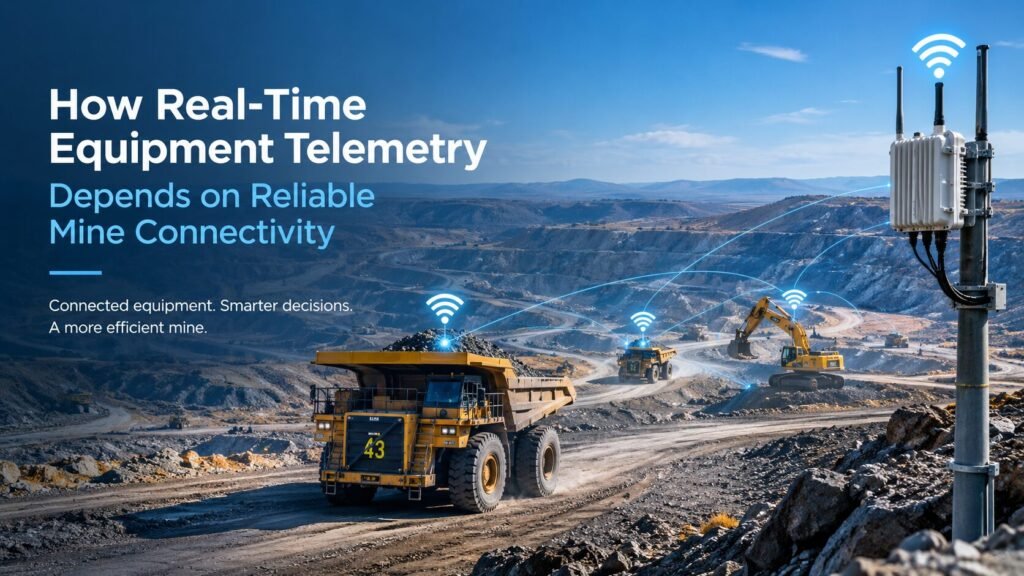 Real-time equipment telemetry in an open-pit mine using wireless mesh Wi-Fi connectivity for mining equipment monitoring.