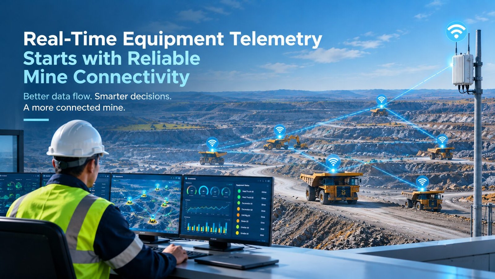 Mining engineer monitoring real-time equipment telemetry through wireless mesh Wi-Fi connecting haul trucks and mining equipment.