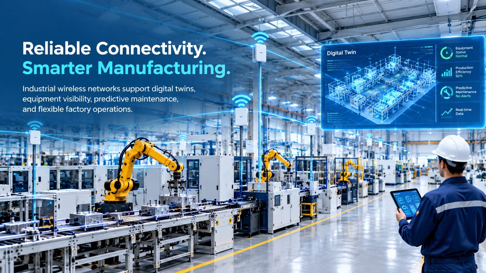 Industrial wireless connectivity supporting digital twins, equipment monitoring, predictive maintenance, and flexible manufacturing operations.